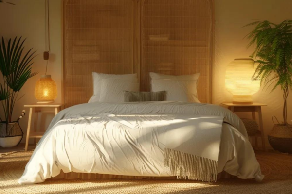 This image showcases a cozy and stylish bedroom featuring a warm, neutral color palette. The bed is adorned with soft white bedding and accent pillows, complemented by wooden furniture on both sides.
