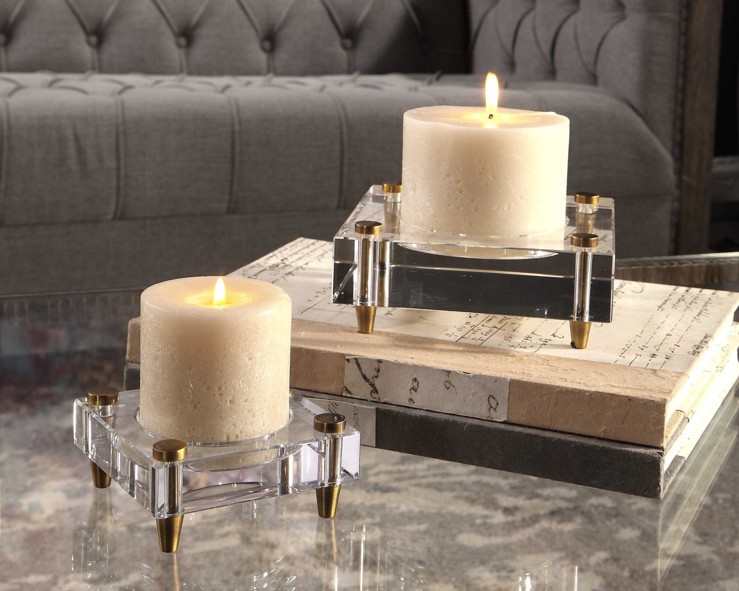 Claire - Crystal Block Candleholders (Set of 2) - Beige