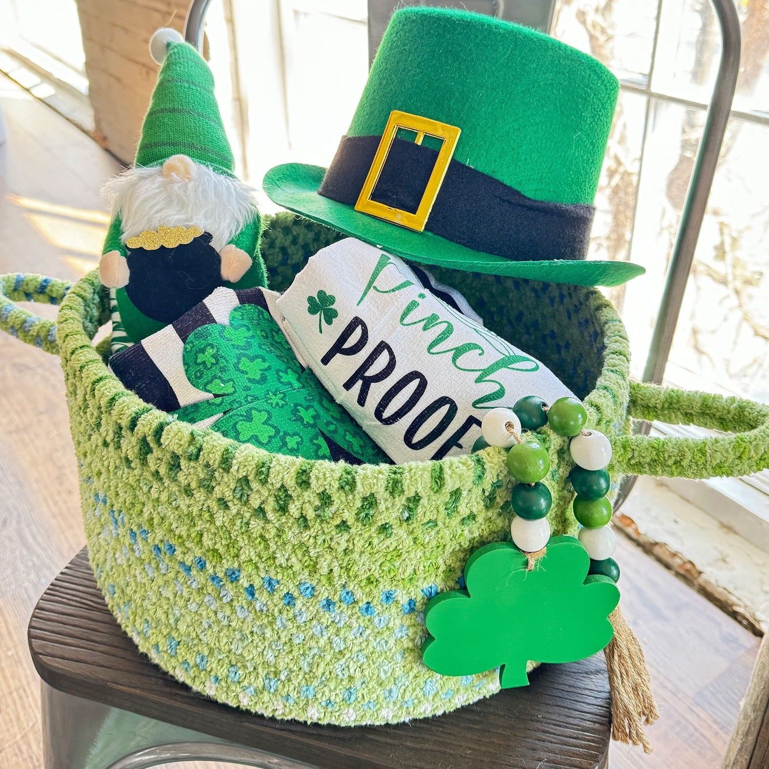 Happy Holidays-St. Patrick's - 12" Braided Basket - Clover